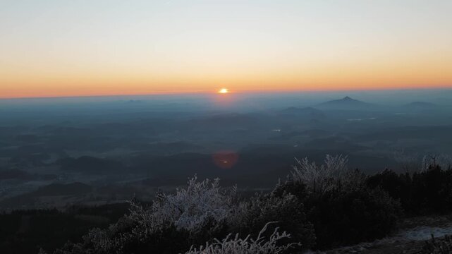 Beautiful Sunrise over Misty Mountain Landscape from Jested Tower in Liberec Czech Republic