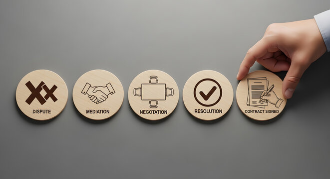 Business conflict resolution process represented with wooden discs | Human hand placing a signed contract piece | Legal settlement and dispute management concept | Professional mediation steps banner
