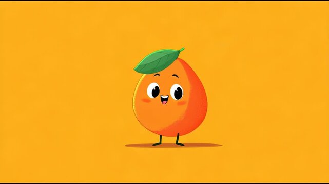 Cute Cartoon Mango Character Walking Joyfully on Orange Background.