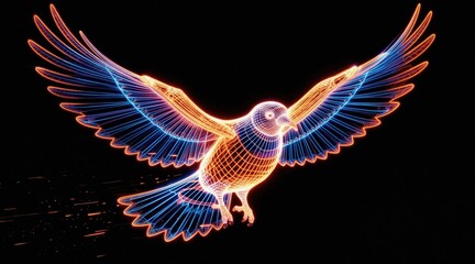 Obraz premium Neon wireframe bird with spread wings flies. Orange and blue lines glow on black background. Digital art shows dynamic energy and futuristic flight concept.