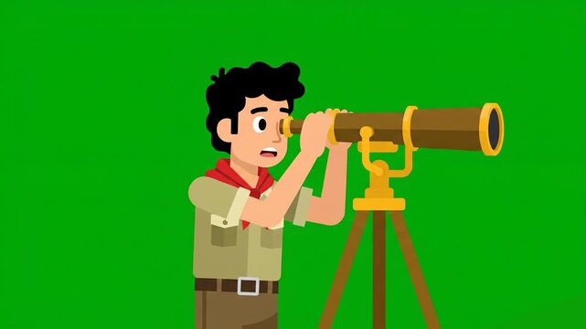 A young man in a tan scout uniform with a red neckerchief uses a brass telescope on a wooden tripod. The entire background is a solid green screen, perfect for layering over footage of the sea, mounta