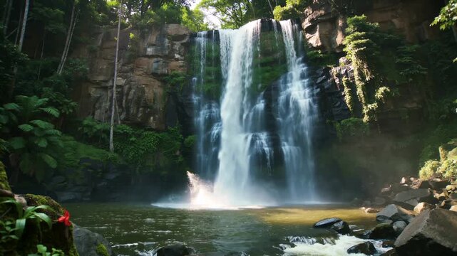 Powerful Waterfall Cascading into Tropical Jungle River Basin in Nature