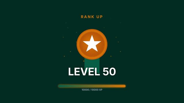 Level Up Rank Animation with Orange Progress Bar and Bronze Medal on Dark Green Background