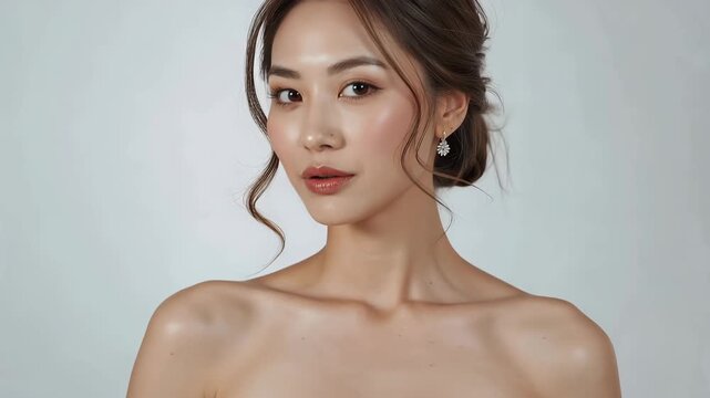 白背景で日本人の花嫁が誰かへ視線を送り頬笑む瞬間
