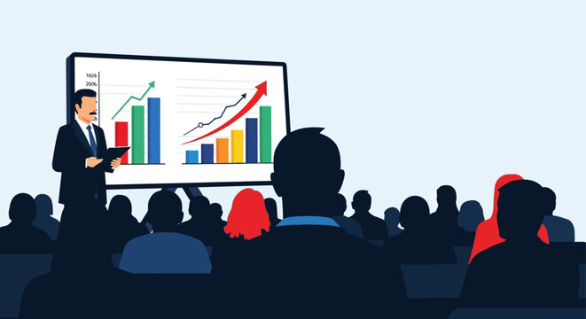 business presentation a professional speaker shares financial growth charts with a corporate audience illustrating market analysis and success.