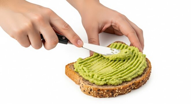 Hand spreading creamy mashed avocado onto a rustic slice of multigrain toast, preparing a healthy breakfast or snack.