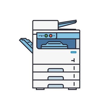 Line drawing of a modern office photocopier machine with paper tray on a white background high quality