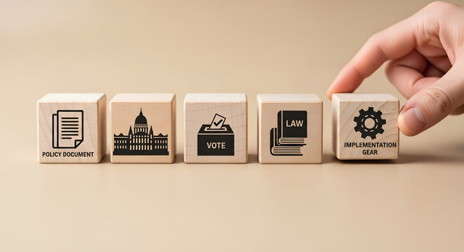 Government Policy and Implementation Process | Wooden Blocks with Governance Icons | Legislative and Administrative Workflow Strategy | Political System Development Concept | Public Policy Execution