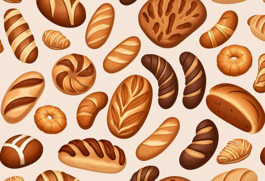 Seamless illustration pattern of various freshly baked breads