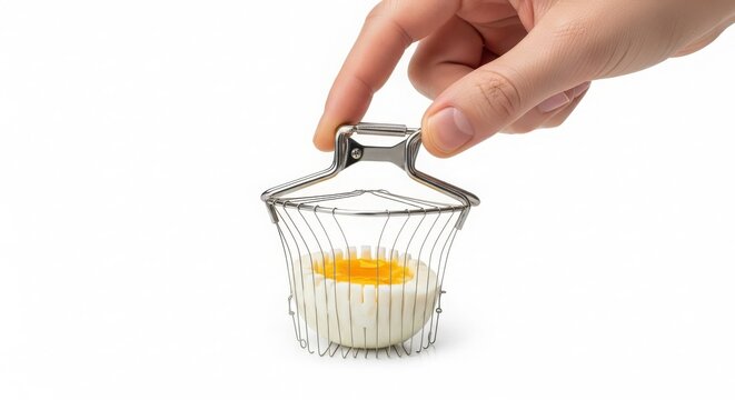 Hand using a metal egg slicer to prepare a hard-boiled egg, showcasing kitchen convenience for breakfast meals.
