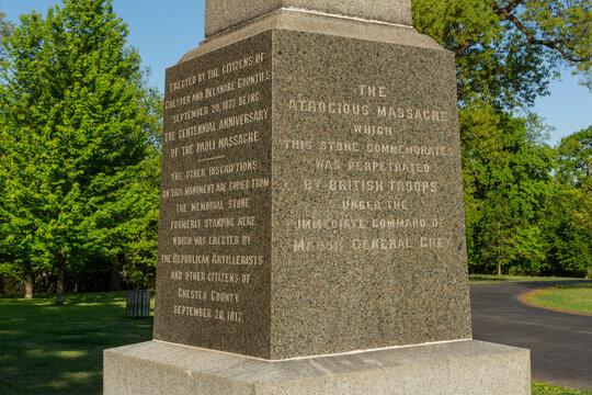 Malvern, Pennsylvania, USA &ndash; May 8th 2026 - 1877 granite monument honoring those involved in the Paoli Massacre, located at Paoli Battlefield Historical Park.