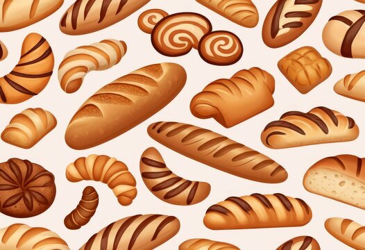 Seamless illustration pattern of various freshly baked breads