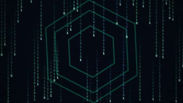 Abstract Digital Background with Binary Code and Glowing Hexagons