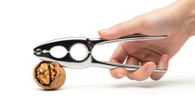 Close-up of a hand using a silver nutcracker to crack a walnut on a clean white surface