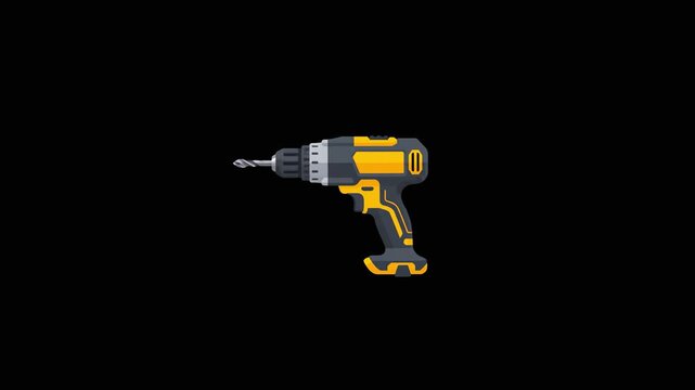 A professional power drill icon in bright yellow, shown in profile against a dark backdrop. This 2D animation represents construction, home repair, and DIY projects.