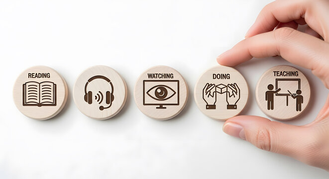 Educational learning methods represented by wooden tokens | Visual concept of active engagement through reading, listening, watching, doing, and teaching | Skill development and personal growth strate
