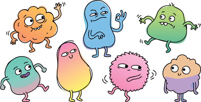 Colorful cartoon microorganisms with various emotions on their faces