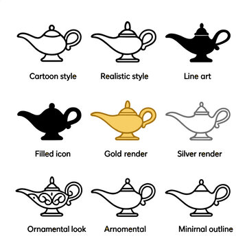 Nine icon styles of aladdin lamp: cartoon, realistic, gold, silver, ornamental