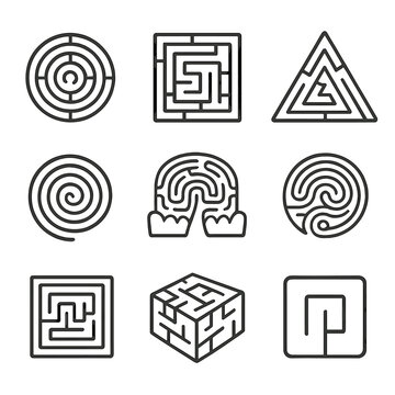 Geometric maze set with various shapes - circle, square, triangle, spiral designs