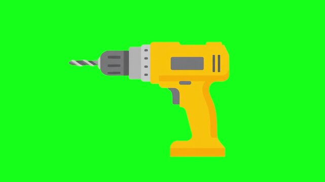 A professional-grade yellow and black cordless drill with a drill bit attached, isolated on a solid green background. This 2D flat animation is perfect for DIY, construction, and home improvement tuto