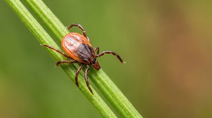Obraz premium Close-up of Ixodes scapularis tick on grass, a vector for Lyme disease. Recognize infection risks and ecological impact.