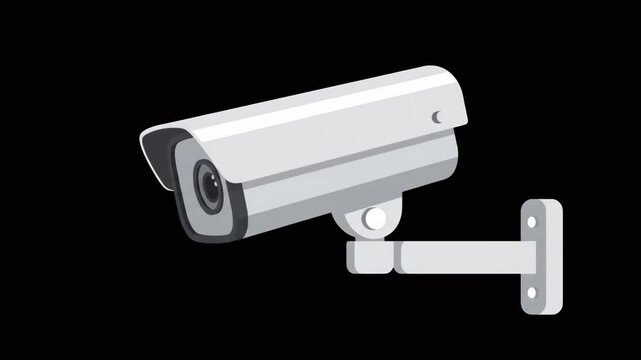 A white professional security camera mounted on a wall against a black background. This 2D vector illustration represents public safety, private property protection, and high-tech surveillance systems