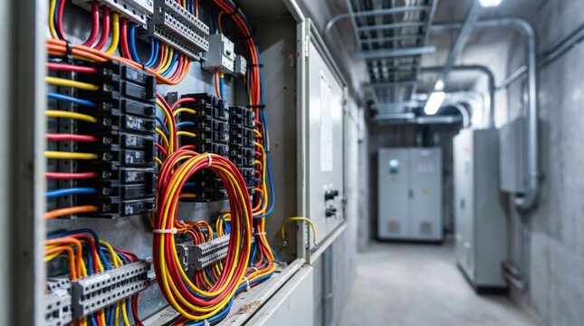 Detailed view of electrical wiring in a control panel, emphasizing industrial safety and system infrastructure.
