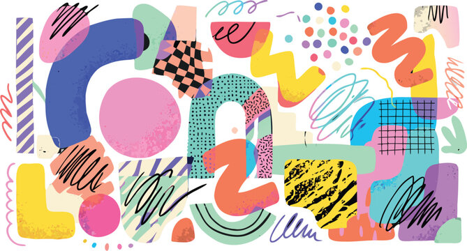 Vibrant colorful abstract shapes and patterns background with various textures and designs