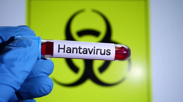 Hand in blue gloves holding a blood test tube labeled Hantavirus against a biohazard sign.