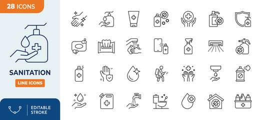 Fototapeta premium Sanitation icon set. Contain icons related to sanitation, hygiene, antiseptic, clean, health, soap, disinfect, water, and more. Editable stroke. Vector illustration