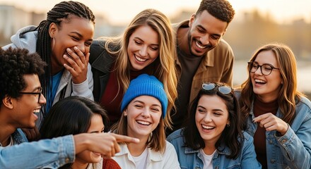 Obraz premium A diverse group of young adults laughs together while pointing towards something off-camera. They are clustered closely, sharing a joyful moment outdoors.