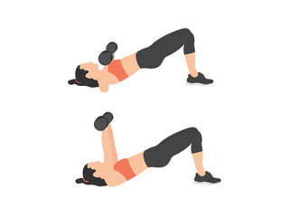 Fototapeta premium Woman performing Glute Bridge with Dumbbell Chest Press. Vector illustration of a compound exercise for glutes, core, and chest strength