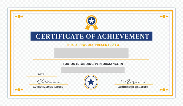 Professional certificate of achievement template with elegant blue and gold borders and star seal icons for academic or business recognition
