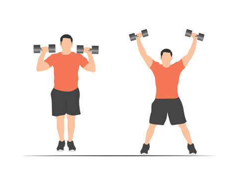 Man performing Dumbbell Arnold Press. Vector illustration of a male character doing a rotational shoulder press workout for muscle building.
