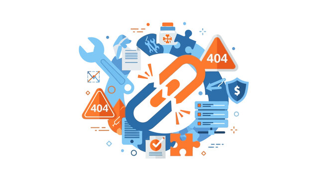 Broken Link Concept Illustration with 404 Error Warning and Maintenance Icons for Website SEO Troubleshooting and Digital Connectivity Issues