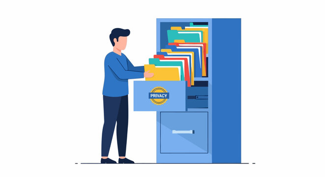 Business Data Privacy and Document Organization Illustration with Man and Filing Cabinet