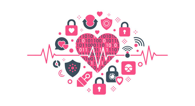 Digital Healthcare Cybersecurity and Medical Data Privacy Concept with Heart and Binary Code Icons on White Background