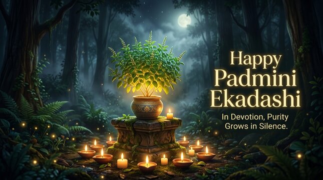 Image is a digital artwork featuring a serene forest scene at night. In the center, a potted plant with lush green leaves is illuminated by soft, warm light, creating a peaceful ambiance. The plant is