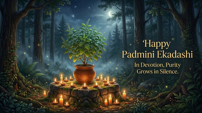Image is a digital artwork featuring a serene forest scene at night. In the center, a potted plant with lush green leaves is illuminated by soft, warm light, creating a peaceful ambiance. The plant is