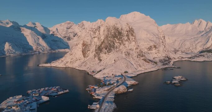 Aerial view of the city of Reine in Lofoten
