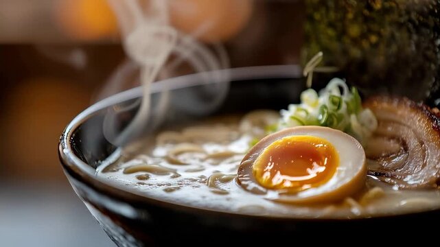Delicious bowl of ramen with soft-boiled egg and toppings in a warm setting on a winter evening