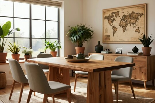Modern dining room with large window. Wooden table set with teapot and cups. Six chairs surround table. Potted plants add fresh green color. World map art hangs on wall.