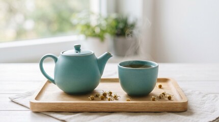 Fototapeta premium Close Up Of Blue Teapot And Cup With Chamomile Tea