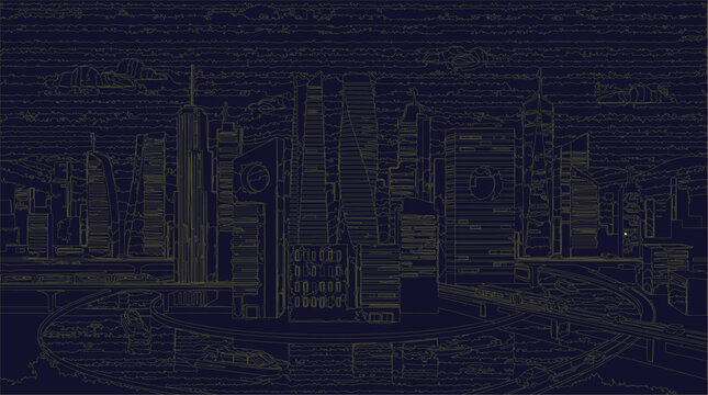 Skyscraper silhouette defines the sprawling urban landscape of a modern metropolitan business district.