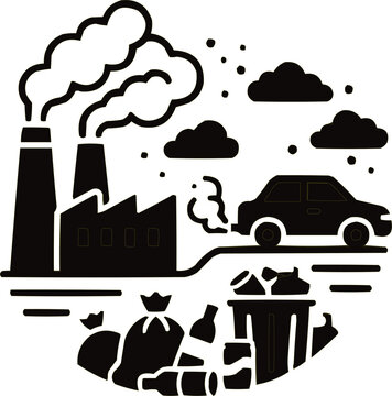 Factory pollution and car emissions contribute to environmental degradation as waste piles up in this stark monochromatic illustration.