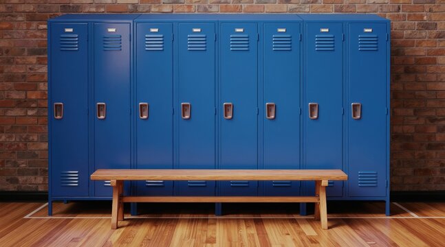Row of blue school lockers stands against brick wall. Wooden bench sits before metal cabinets on gym floor. Empty space for student belongings and change room.