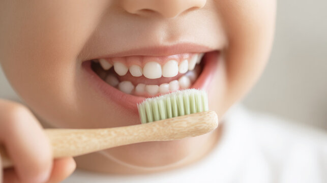 Close-up of a smiling child holding a bamboo toothbrush near clean baby teeth, promoting dental hygiene.