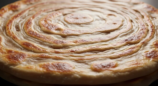 Close up of a layered flatbread with golden brown crust and spiral pattern