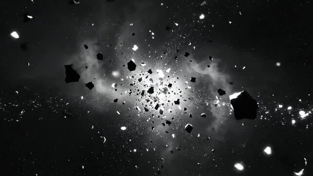 Abstract black and white explosion in space with cosmic particles floating and glittering in the dark universe