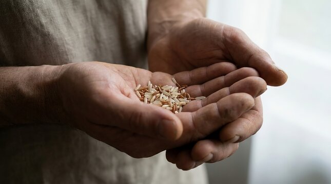 Hands Holding Small Amount of Rice Symbolizing Hunger, Poverty and Global Food Insecurity Social Issue